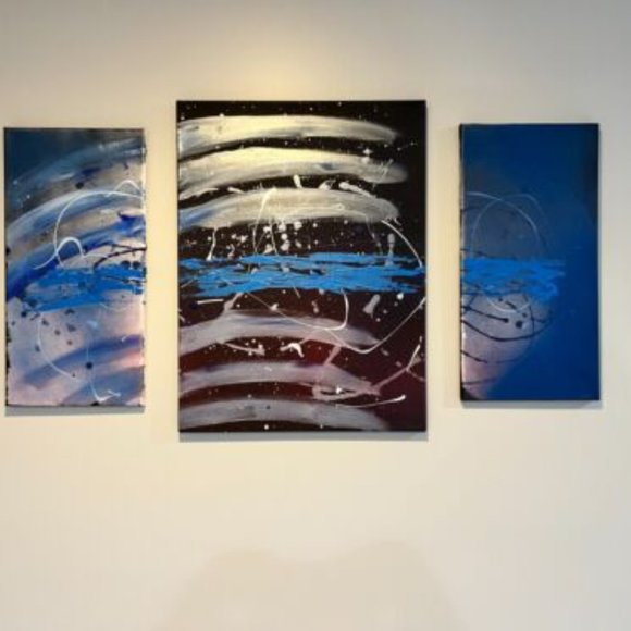 Homemade Thin Blue Line Abstract Triptych One of a Kind on Large Canvas - Picture 2 of 7